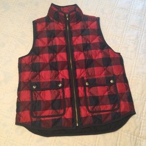 J Crew red navy buffalo check plaid down puffy vest sz L
